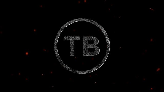 Glowing particle circular frame containing the letters TB surrounded by floating embers