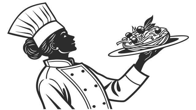Silhouette of a female chef wearing a tall hat and uniform holding a plate with a serving of spaghetti pasta on a plain white background