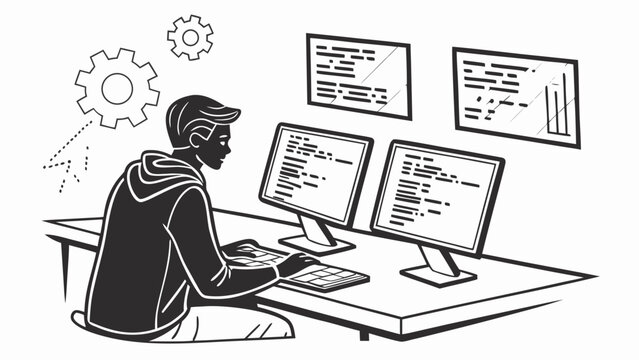 A black and white line of a young software developer sitting at a desk and coding on two computer monitors with gear icons