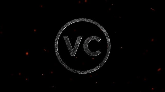 Glowing particle letter monogram vc inside a circle with floating embers