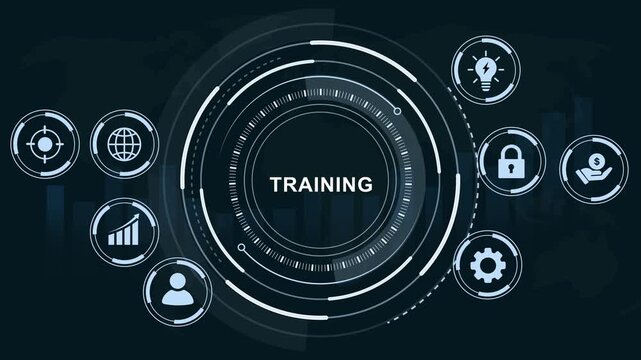 Corporate training digital interface animation featuring animated hud global business data analytics graphs, and futuristic technology hud overlays for modern e-learning presentations