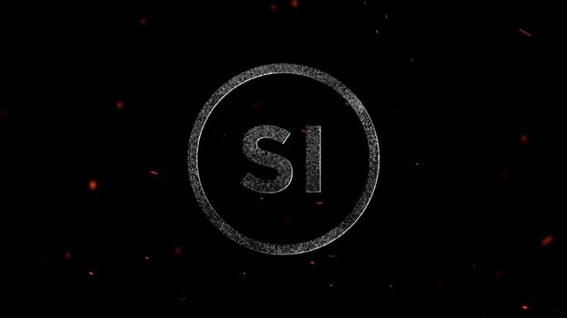 Glowing particle letter SI monogram inside a circular frame with floating embers