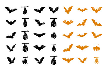 Fototapeta premium Collection of black and orange bat silhouettes in various flying positions