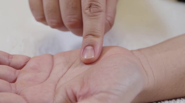 Close-Up of Hand Applying Acupressure Point Massage on Palm for Pain Relief and Holistic Healing