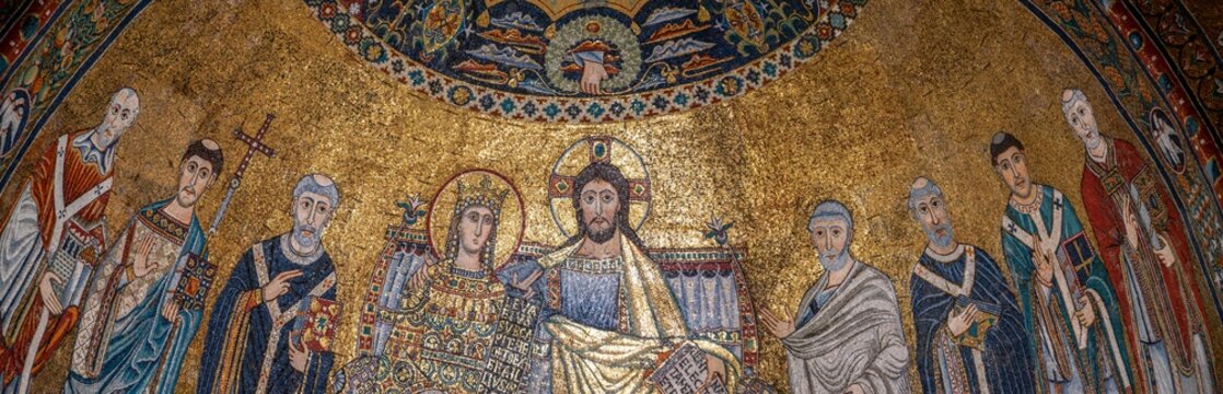 Rome, Italy - March 30, 2026 - Panoramic close-up of the apse mosaic figures in Santa Maria in Trastevere Rome