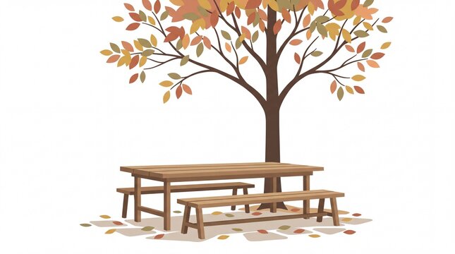 Autumn picnic table under a tree with colorful fall leaves on white