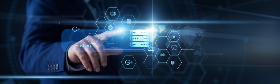 Server administrator hand pointing at Hosting infrastructure on a global digital security interface screen. Web host engineer using tablet to monitor cloud server uptime.