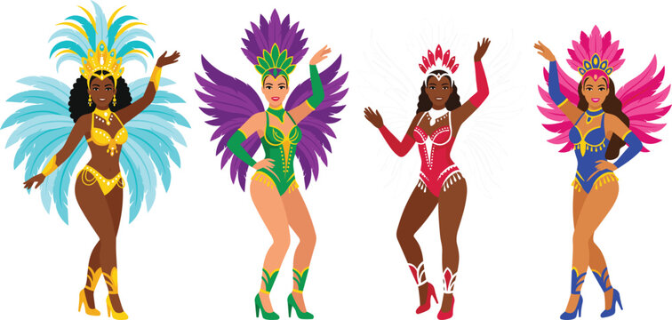 Brazilian carnival samba dancers women set with colorful feather costumes vector illustration