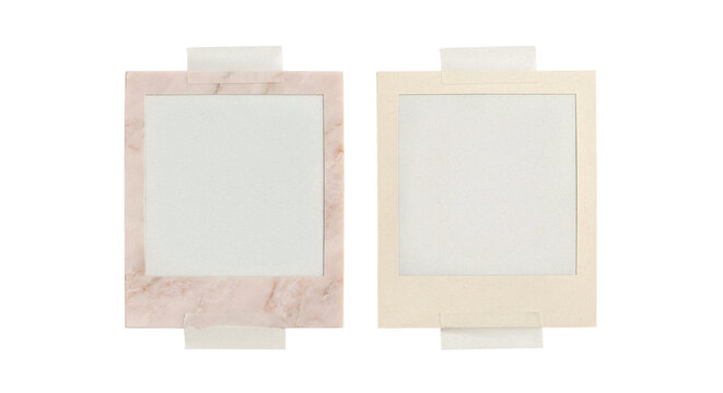 Two empty square photo frames with marble and beige textured borders taped on a transparent background