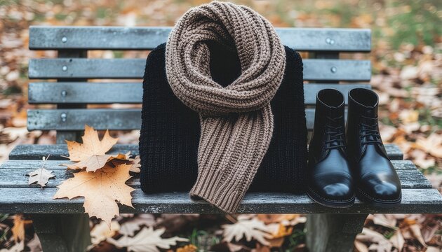 Cozy autumn outfit with a black sweater, brown knit scarf, and leather boots resting on a wooden park bench surrounded by fallen leaves, capturing the chilly fall vibe.