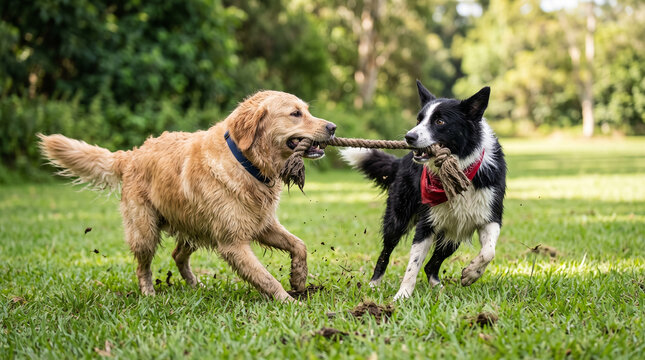 Two dogs playing tug-of-war with a stick in a sunny park  