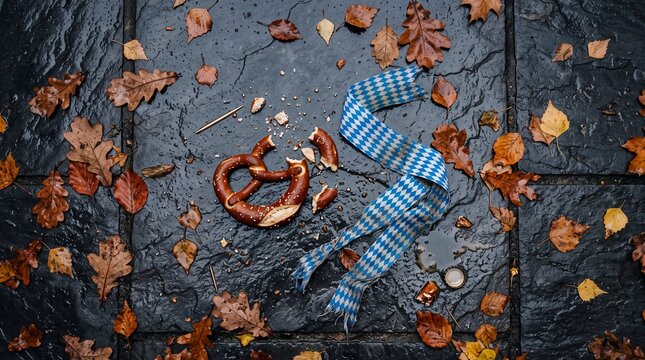 Oktoberfest pretzel and blue checkered ribbon on wet autumn leaves