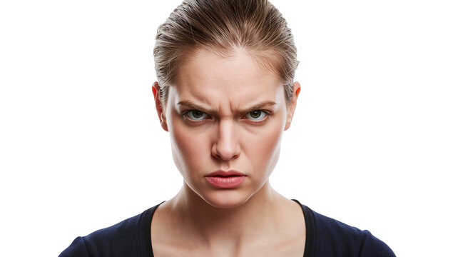 Angry Young Woman with Frowning Face and Intense Expression Isolated