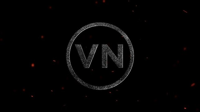 Letters VN inside a circular border with a glowing glitter texture and floating particles