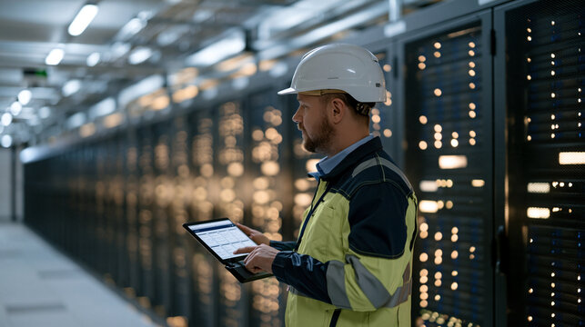 Wide view inside a data center hallway with rows of illuminated server racks, a technician in safety gear monitoring AI inference load dashboards on a portable terminal, cloud