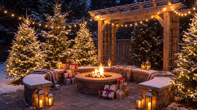 A magical Christmas backyard patio with string lights, a fire pit, wrapped gifts, and snow-covered trees offers an enchanting winter holiday setting for social content.