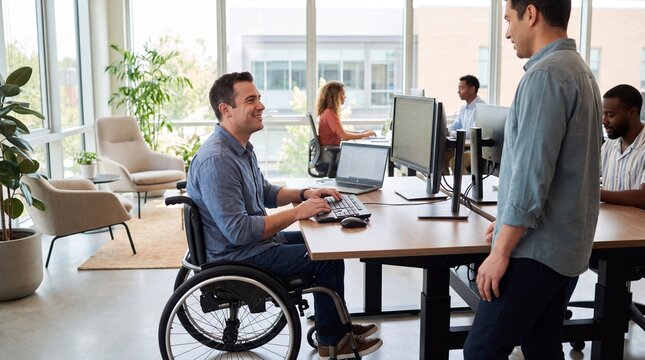 Man in a wheelchair working at a desk in a modern office, inclusive workplace