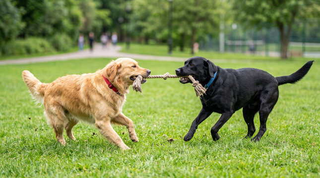 Two dogs playing tug-of-war with a stick in a green park  