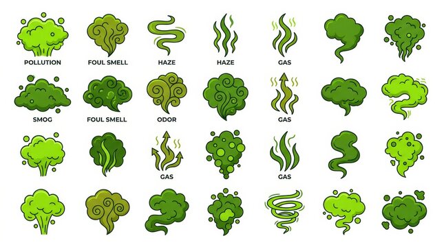 Vector Set of Green Smelly Gas Clouds, Foul Odor, Pollution, and Toxic Smoke Icons for Environmental Design