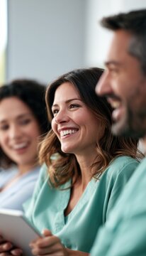 Dental team and patient smiling during consultation in modern clinic