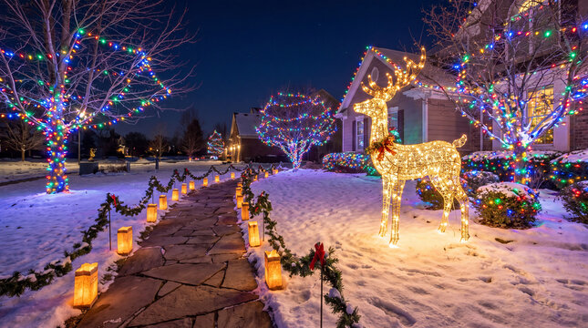 A Christmas front yard at night with an illuminated reindeer, colorful lights, and fresh snow creates a cheerful winter holiday display for outdoor advertising.