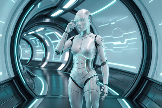 Female Humanoid Robot Thinking in Futuristic Glowing Corridor