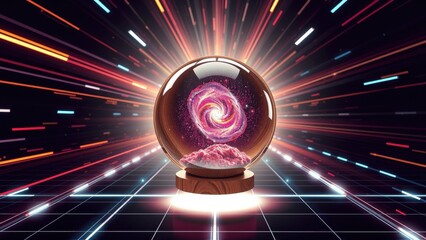 Fototapeta premium Glowing sphere contains galaxy. Bright lines radiate from object, set against grid background. Futuristic, vibrant scene.