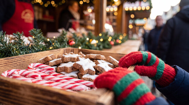 A close-up of cinnamon star cookies and candy canes in a wooden crate at a Christmas market offers sweet winter holiday treats for food marketing visuals.