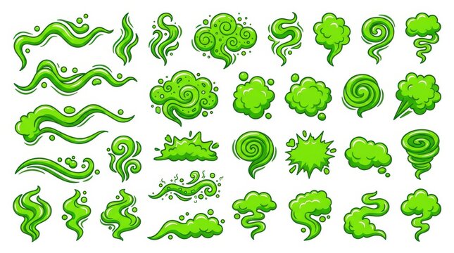 Set of Green Cartoon Bad Smell Clouds, Toxic Gas Swirls, and Fart Steam Icons for Graphic Design