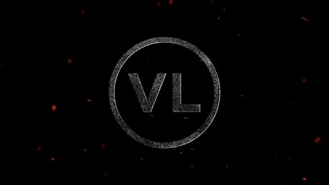 The letters VL inside a grainy textured circular frame with floating embers