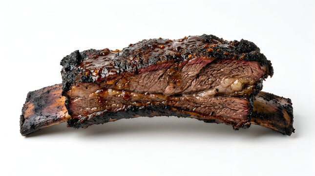 Closeup of glazed grilled pig ribs with visible bones and meat texture on a white background