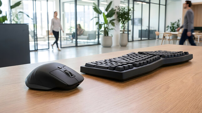 Modern Office Workspace with Keyboard and Mouse on Wooden Desk