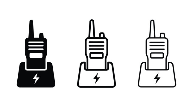 Walkie-Talkies Charging on Docking Stations, a Set of Three Icons. Communication Devices and Wireless Power Concept. Featuring Dock, Station, Device with Technology and Radio Elements for Transceiver