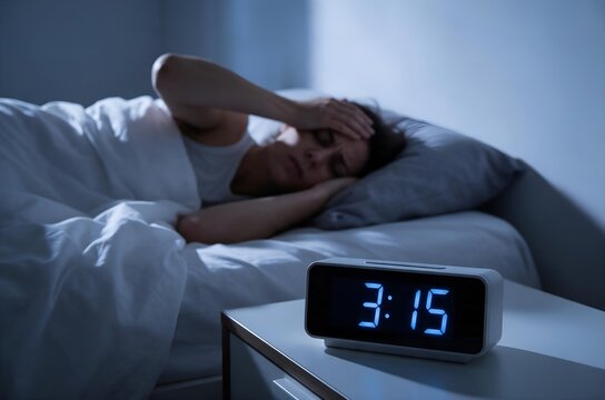 Sleepless Woman Lying Awake in Bed at Night, Grappling With Insomnia and Early Morning Waking, Worried While Looking at the Digital Clock