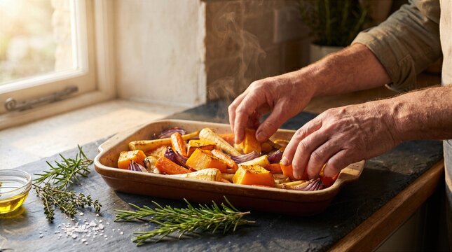 Arranging hot roasted root vegetables with herbs