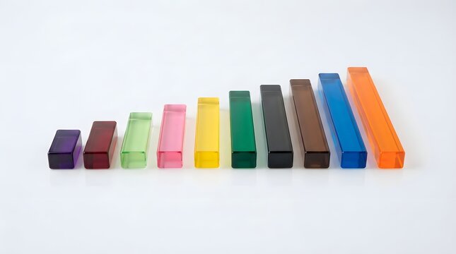 Brightly colored plastic connecting cubes are neatly arranged in ascending order on a clean white surface to illustrate differences in size and color for learning