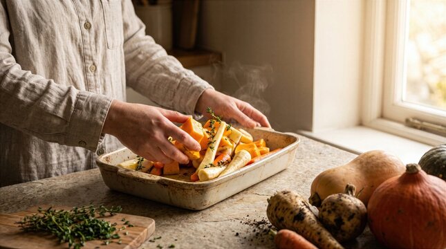 Preparing seasonal root vegetables for oven roasting