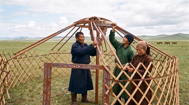 Mongolian family constructing a traditional yurt in a vast green steppe landscape with rolling hills and horses in the distance
