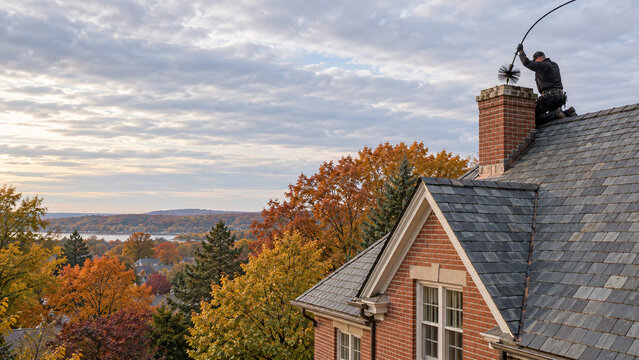 Chimney Sweep Cleaning Brick Chimney on Roof in Autumn