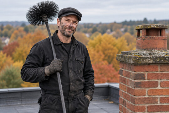 Chimney Sweep with Brush and Soot on Face Standing on Roof