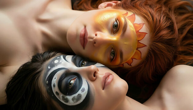 Two beautiful women lying face-to-face, one with orange hair and gold sun face paint, the other with black hair and white moon face paint, creative portrait photography.