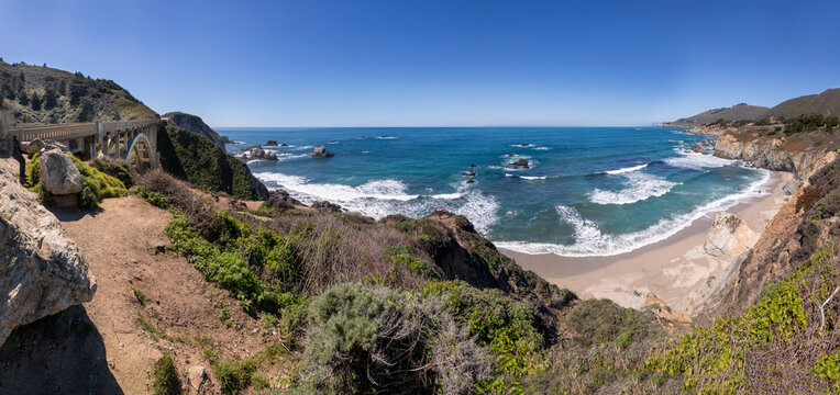 coastal landscape at Point Lobos at CA1, cabrillo highway with view to rocky creek bridge, California, USA