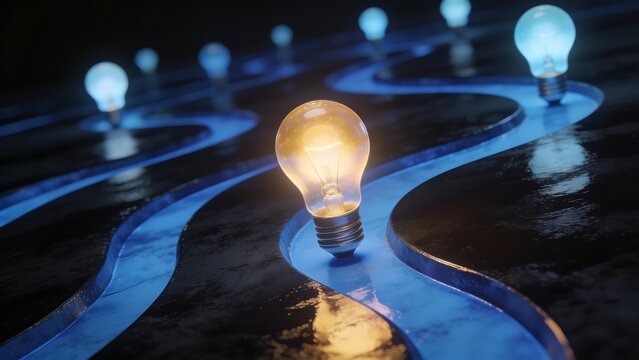 One bright light bulb in blue liquid stream concept for innovative idea.