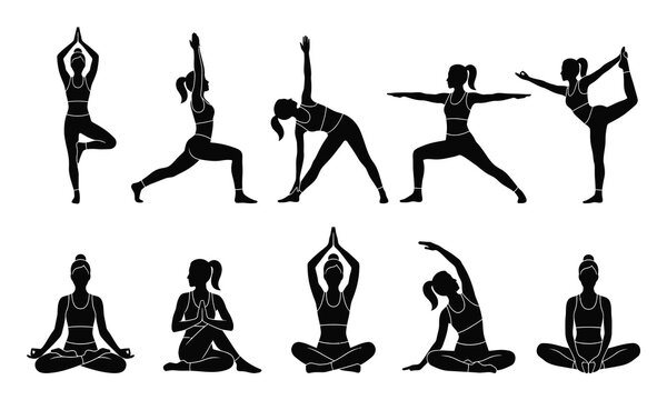 female yoga pose front and side view silhouettes displaying standing, stretching and seated meditation postures tailored for health, pilates and mindfulness design.