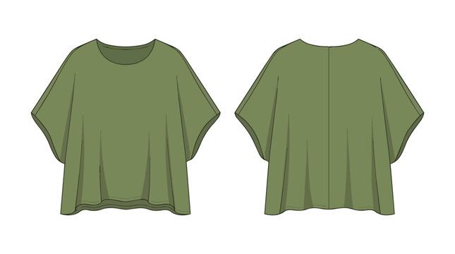 Green Loose Fit Batwing Blouse Technical Drawing with Front and Back View for Fashion Portfolio Templates