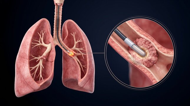 Medical illustration of human lungs with a bronchoscope examining a tumor in the bronchial tube.