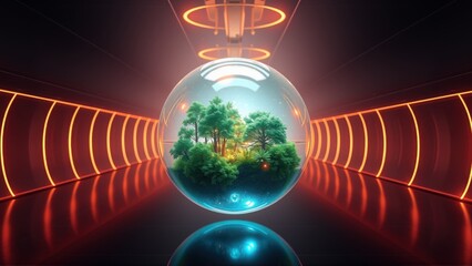 Fototapeta premium Futuristic tunnel contains glowing sphere. Lush forest inside reflects below. Dramatic lighting creates intense visual impact.