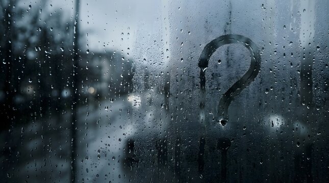 Question mark drawn on a rainy window pane with blurred city street
