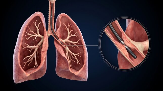 Medical illustration showing a bronchoscope navigating through the human respiratory system and lungs.
