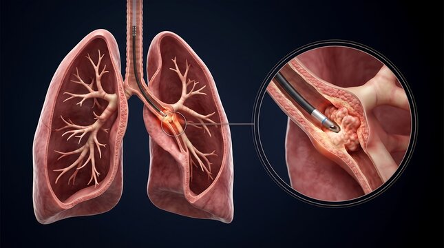 Medical illustration of human lungs with a bronchoscope examining a bronchial tumor.